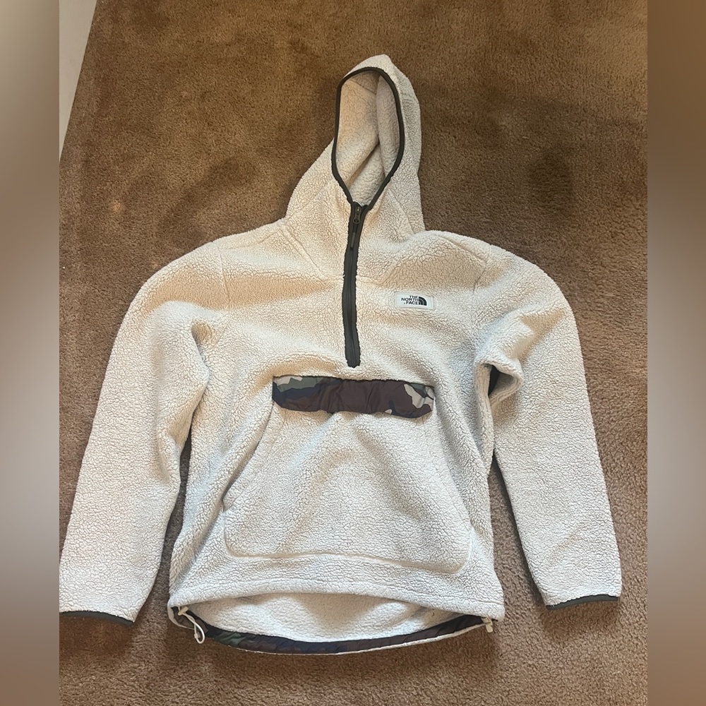 North Face Cozy Fleece, men’s medium, off-white with green and camp accents